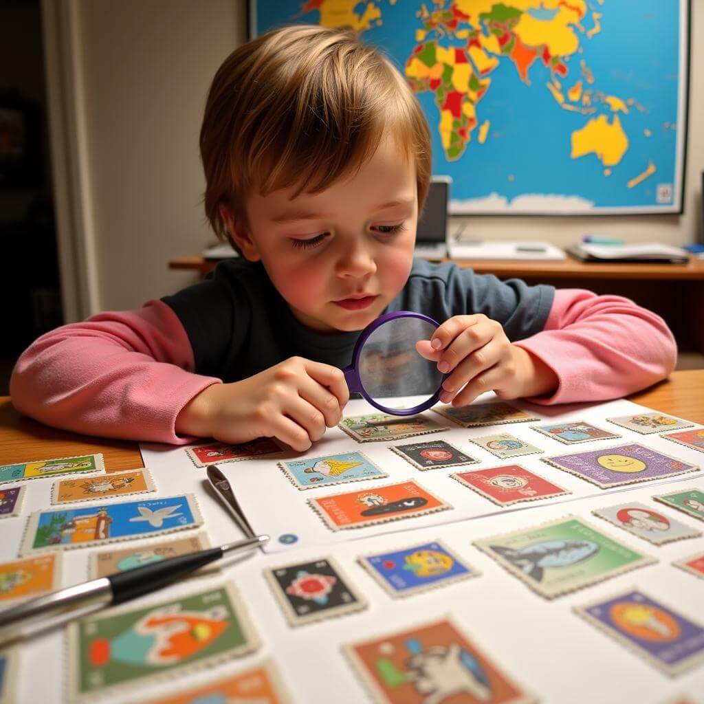 Child examining stamp collection