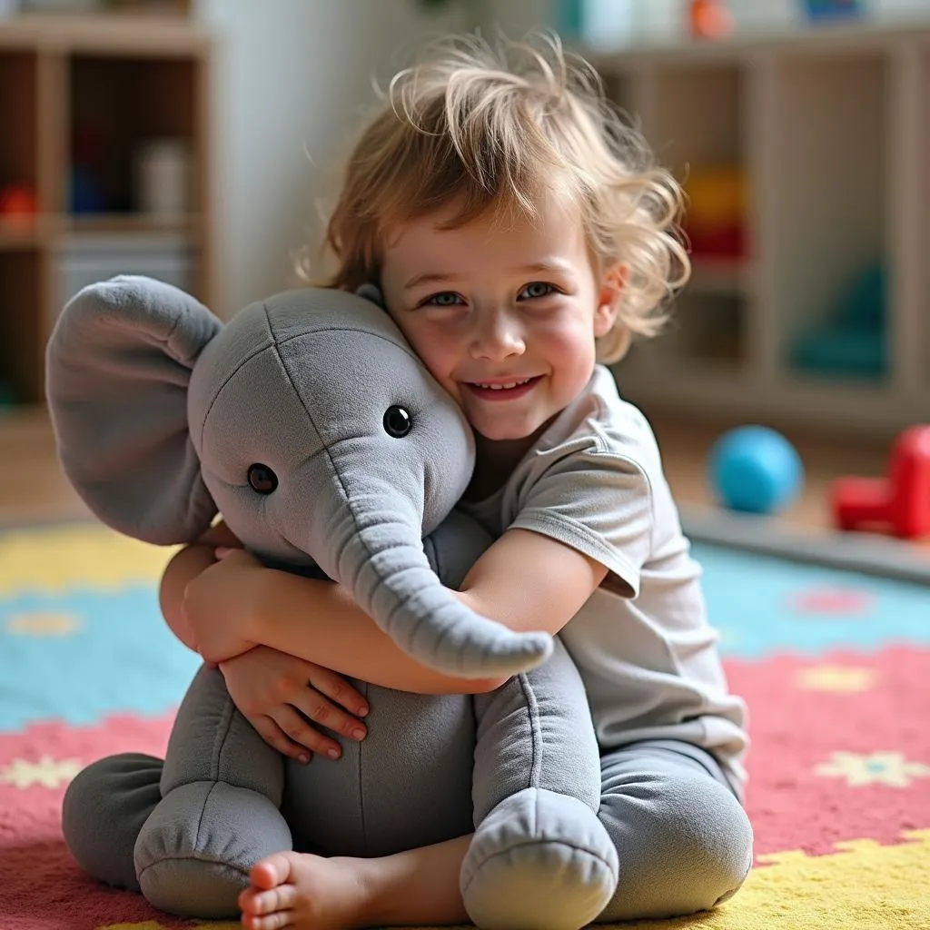 Child hugging a stuffed elephant toy