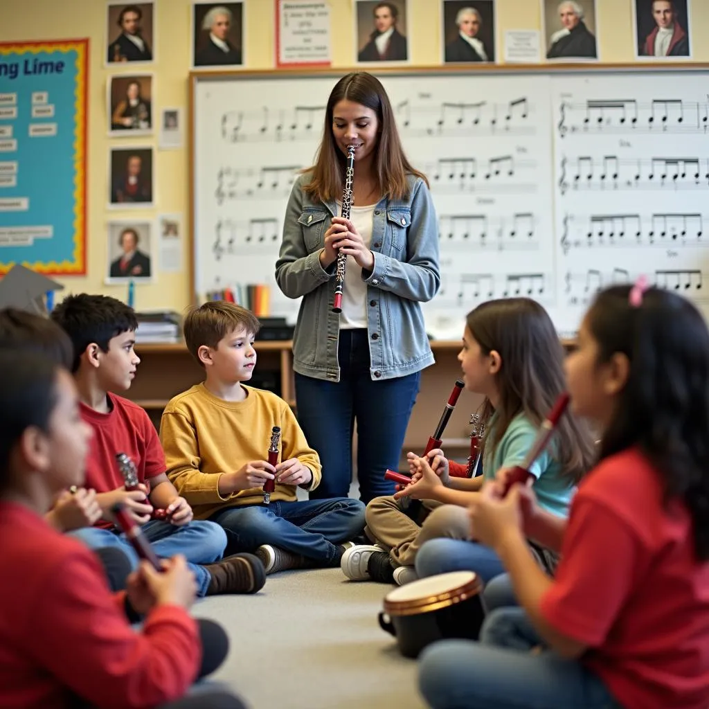 Children learning music in a school classroom