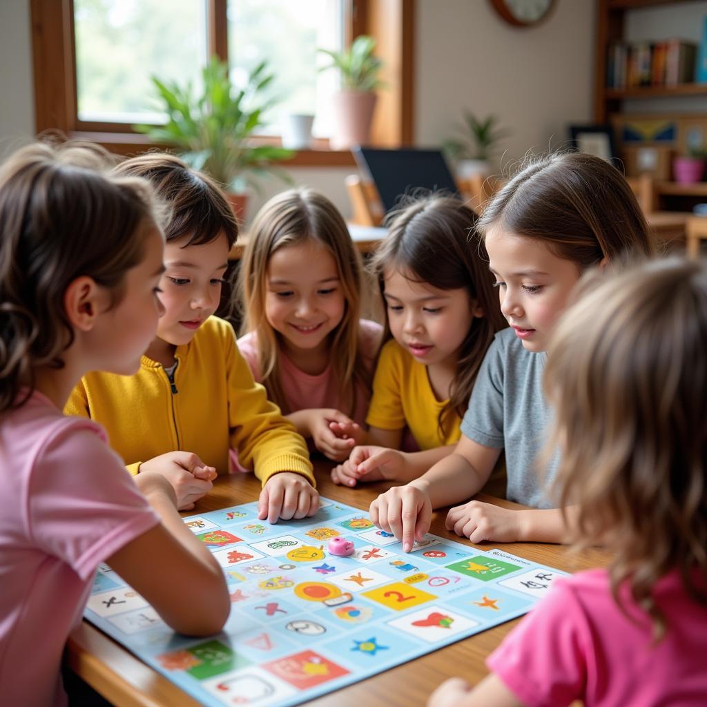 Children engaged in an educational board game