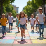 Children playing hopscotch on sidewalk