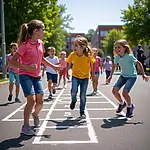 Children playing hopscotch on a school playground