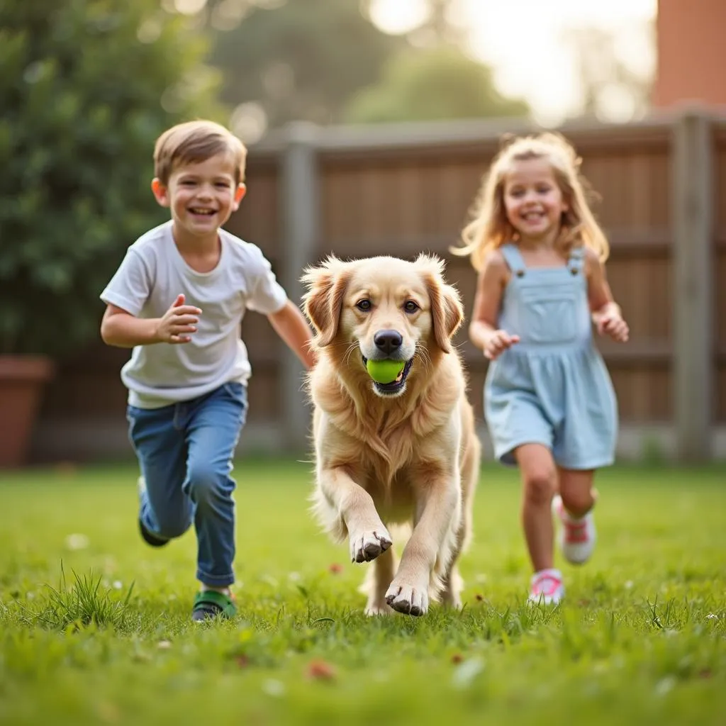 Children playing with family dog