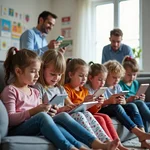 Children using electronic devices under parental supervision