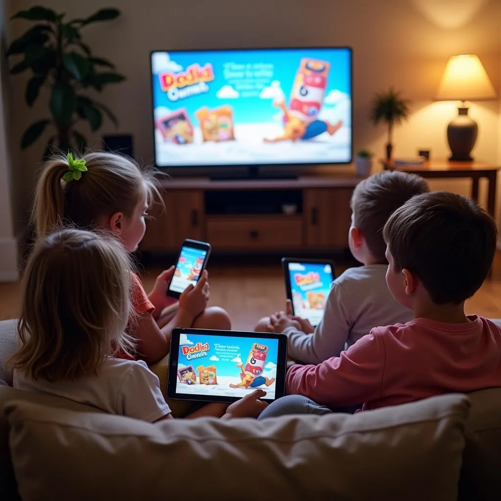 Children watching advertisements on various devices