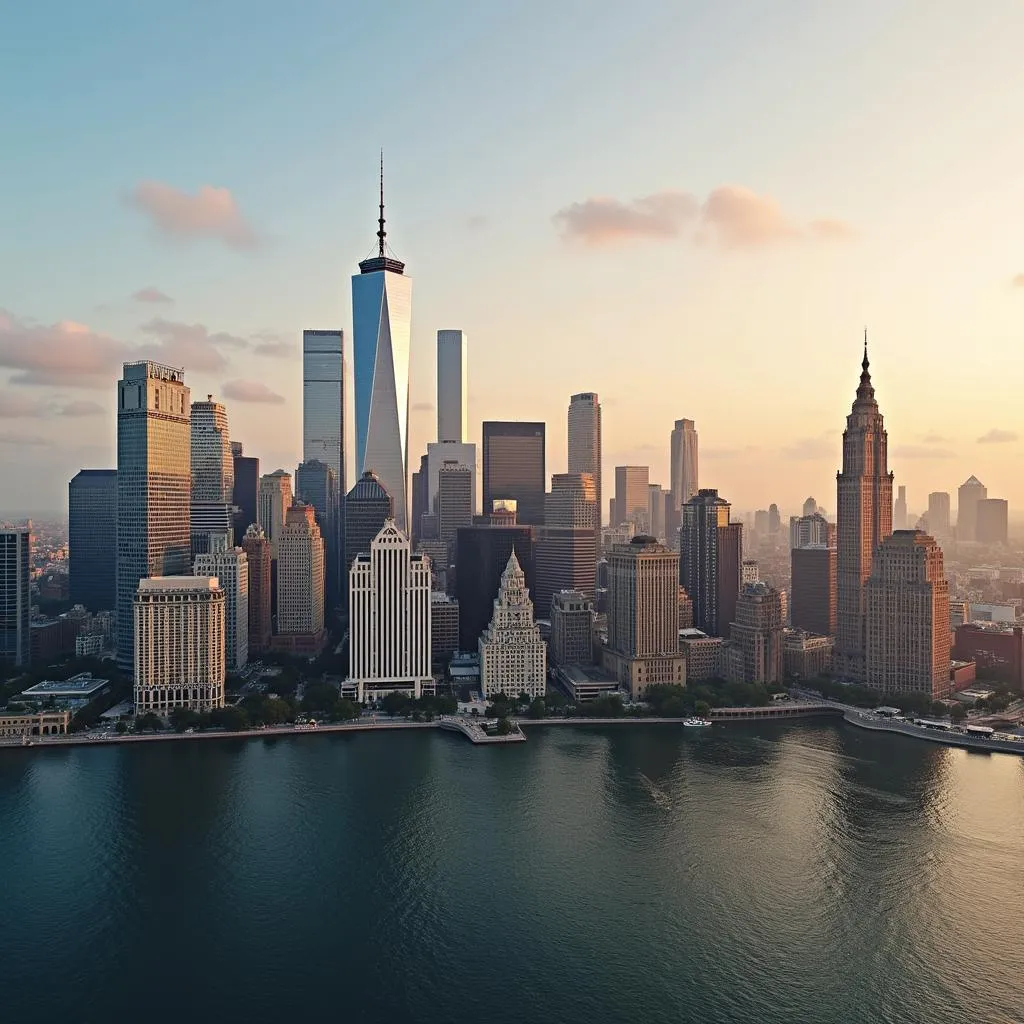 City skyline with mix of modern and traditional buildings