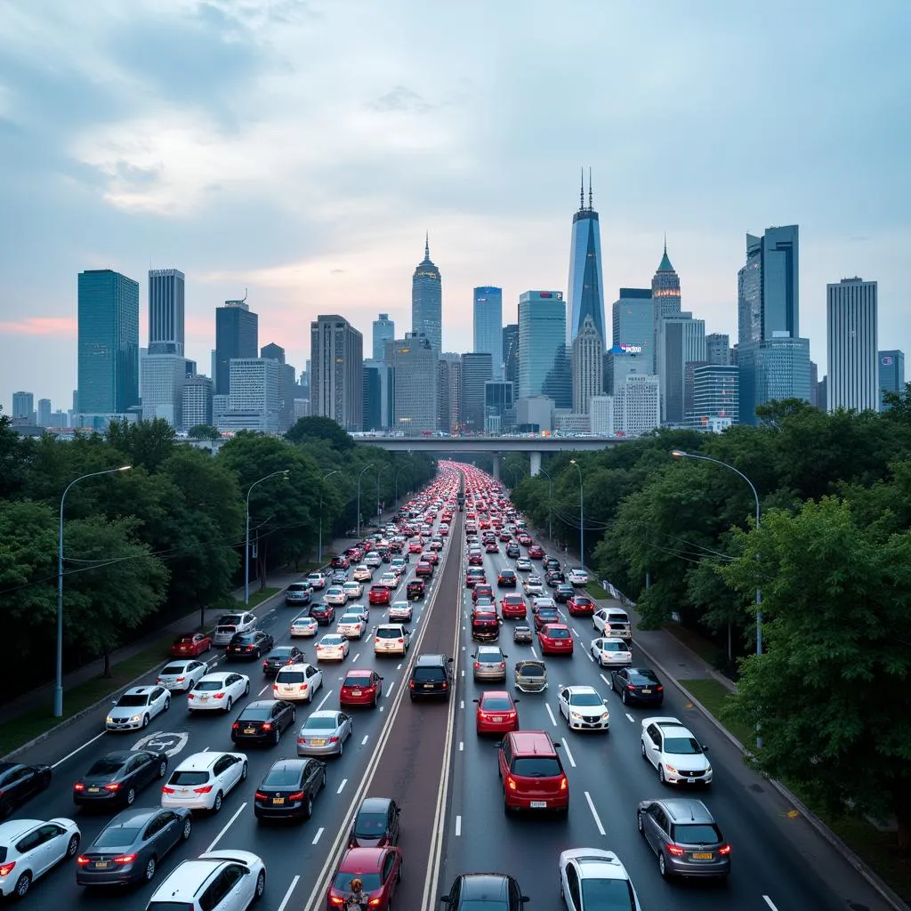 City skyline with traffic congestion