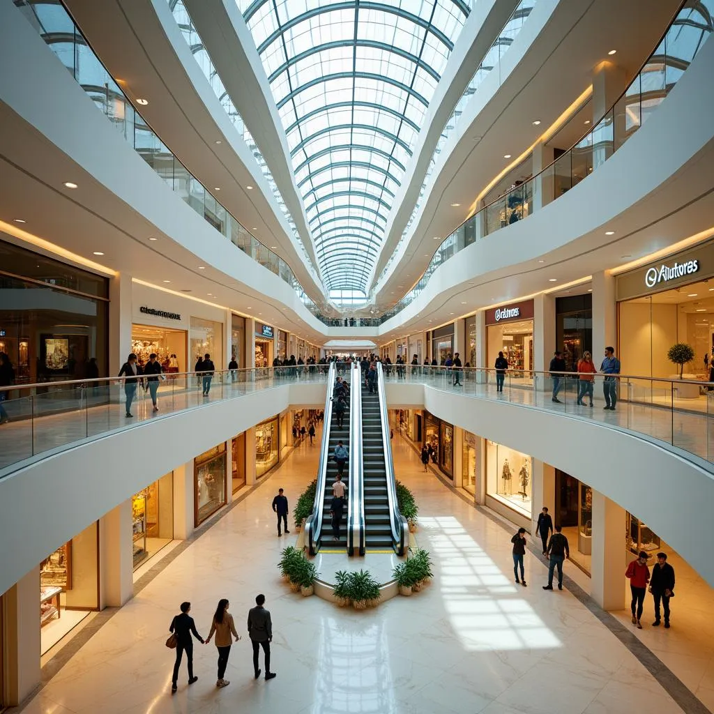 Interior view of a modern multi-level shopping mall