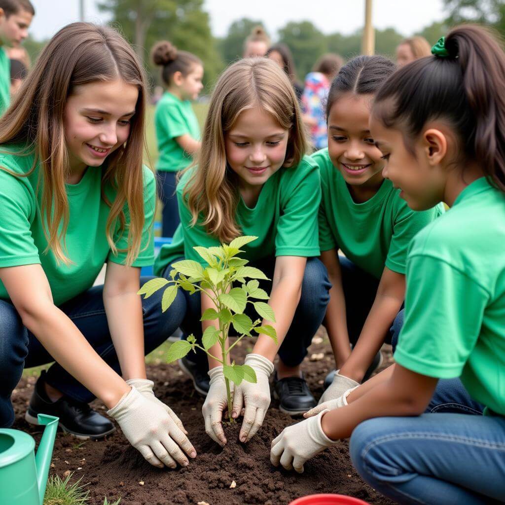 Students planting trees in a climate action project