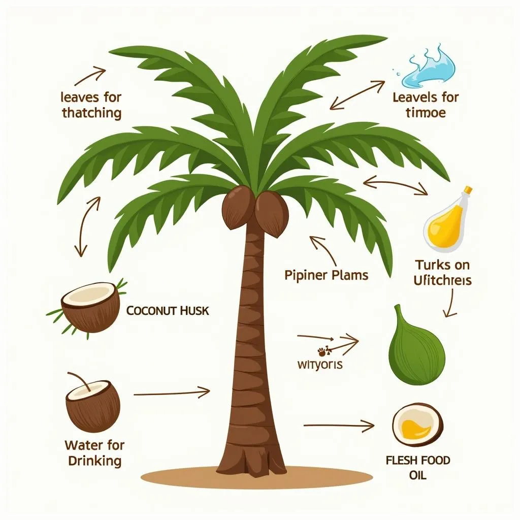 Diagram illustrating various parts of coconut palm and their uses