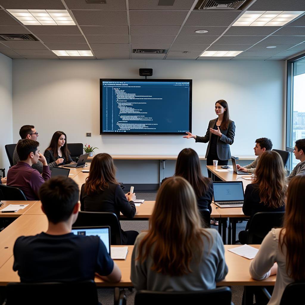 Coding bootcamp instructor teaching a diverse class