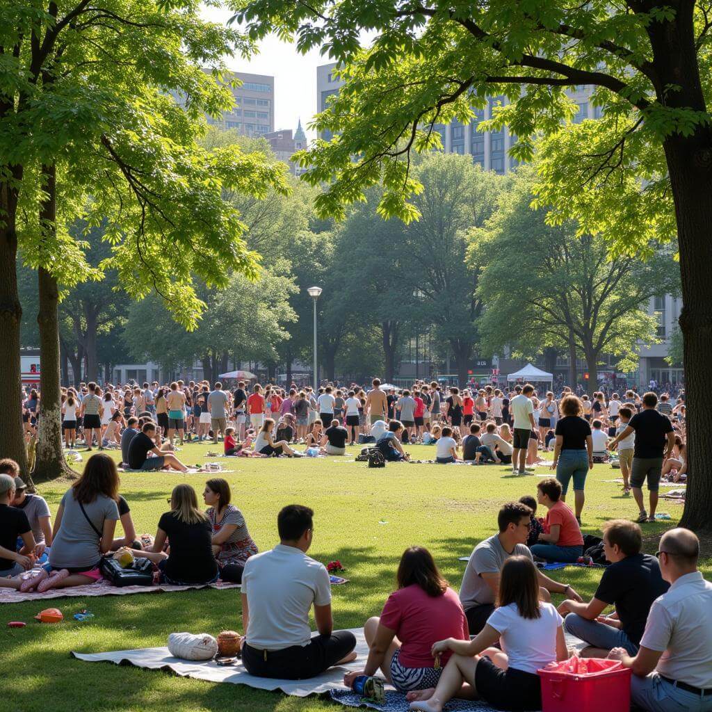 Community event in an urban park fostering social connections