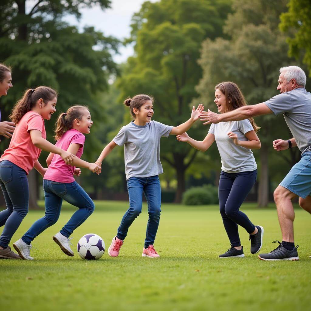 Community members of all ages playing football together in a local park