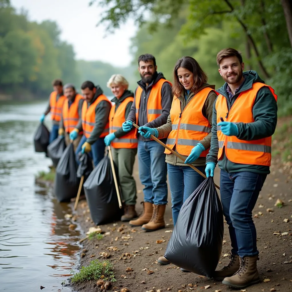 Local community participating in river cleanup event