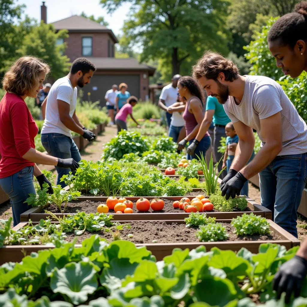 Community urban garden with diverse group of people