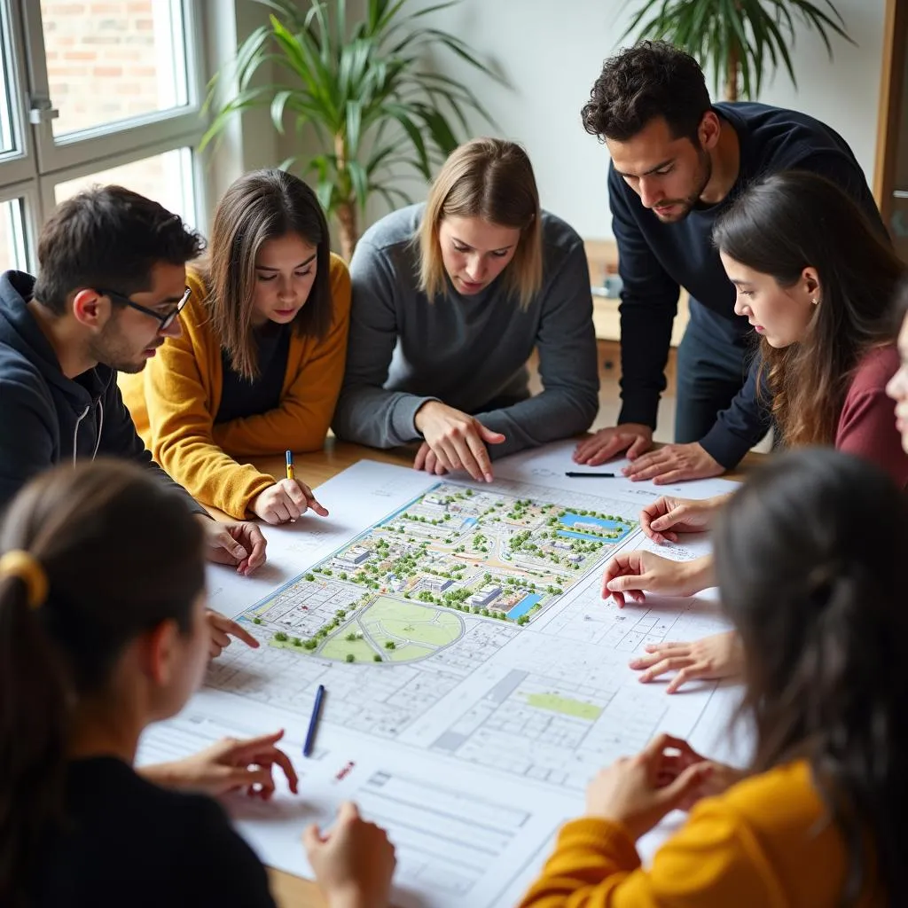 Diverse group of people brainstorming during an urban planning workshop