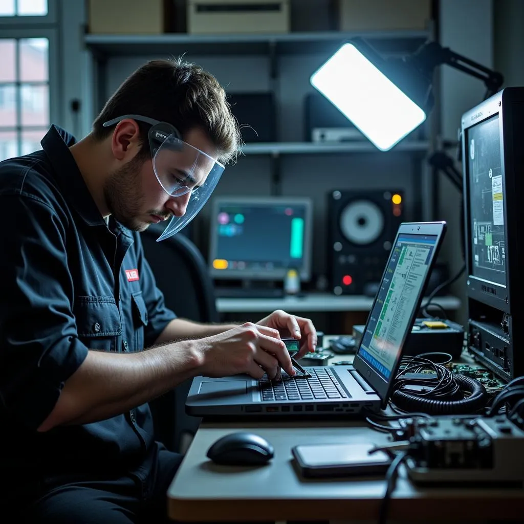 Computer repair technician fixing a broken laptop