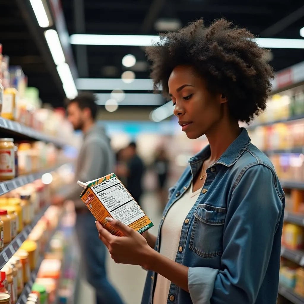 Consumer carefully reading a detailed food label in a supermarket