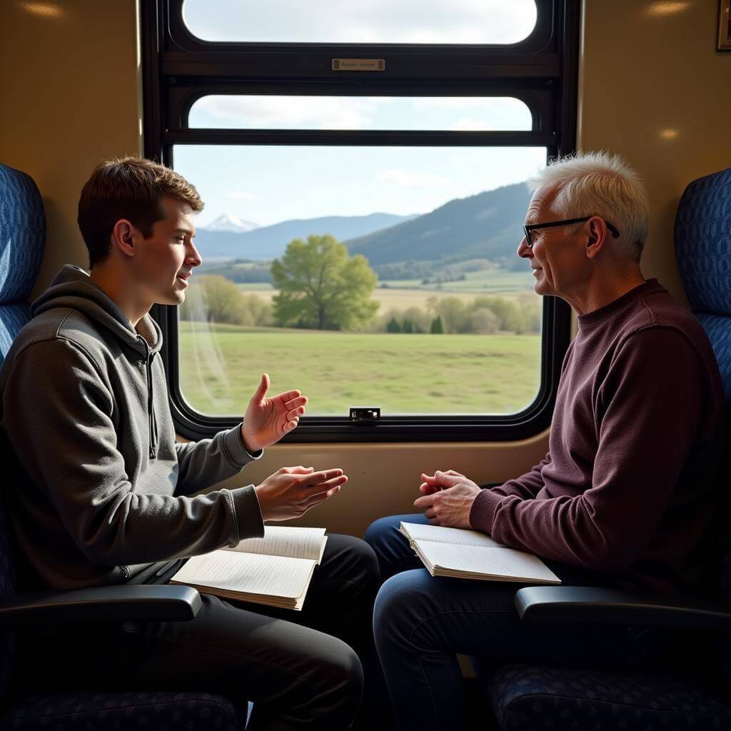 Engaging conversation between a young person and an elderly gentleman on a train.