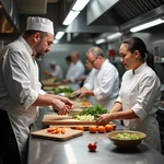 Chef demonstrating cooking techniques in a professional kitchen