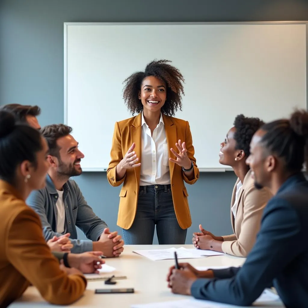 Person confidently expressing beliefs to a group