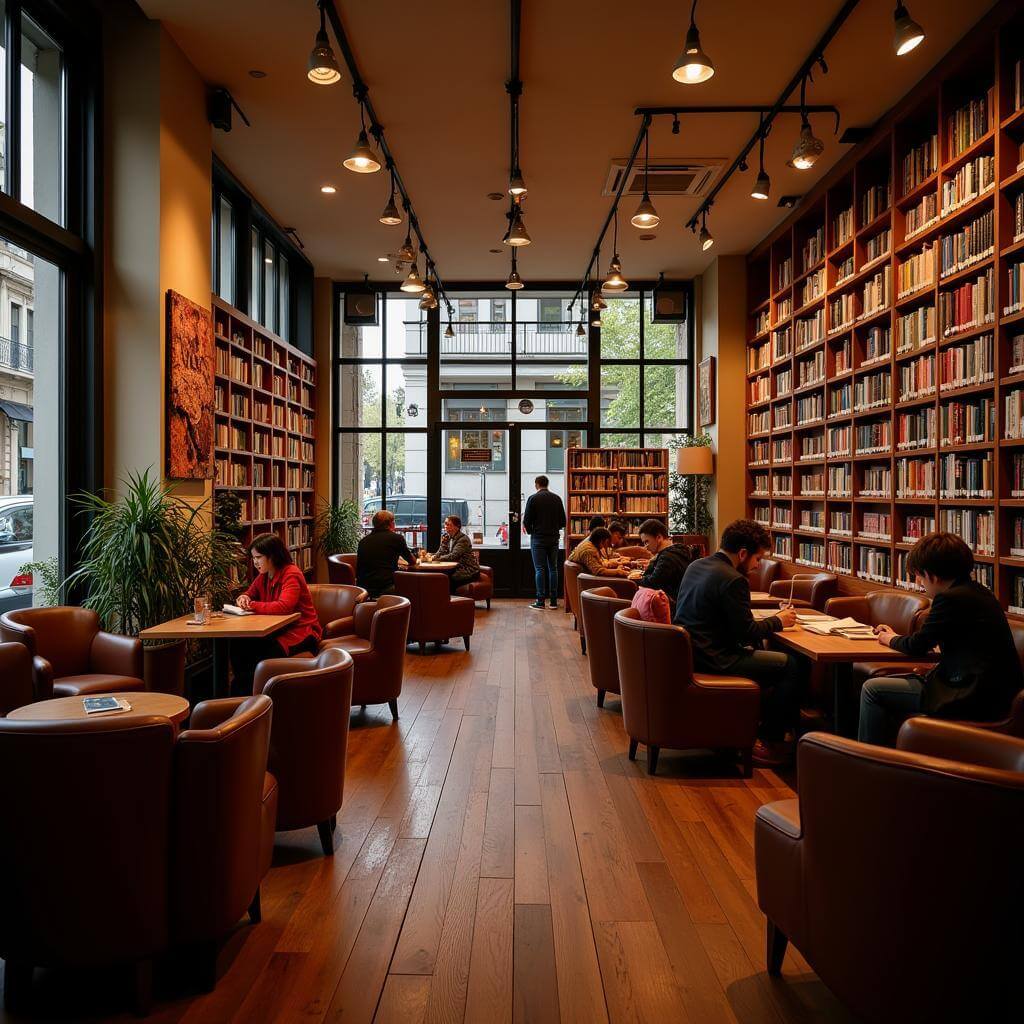 A cozy bookstore cafe with comfortable seating and bookshelves