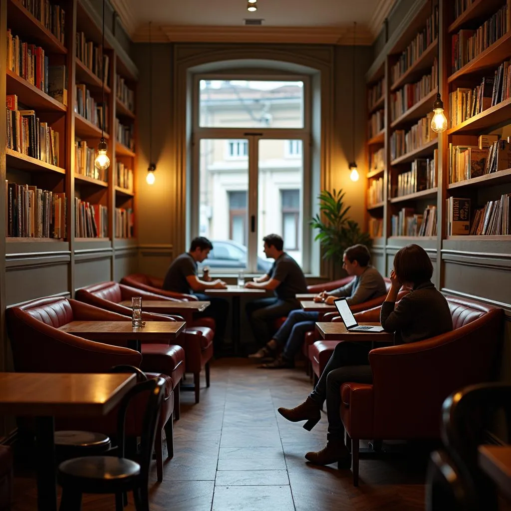 Cozy café reading spot with ambient lighting