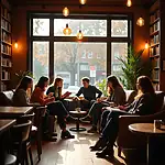 Cozy cafe with friends reading and chatting