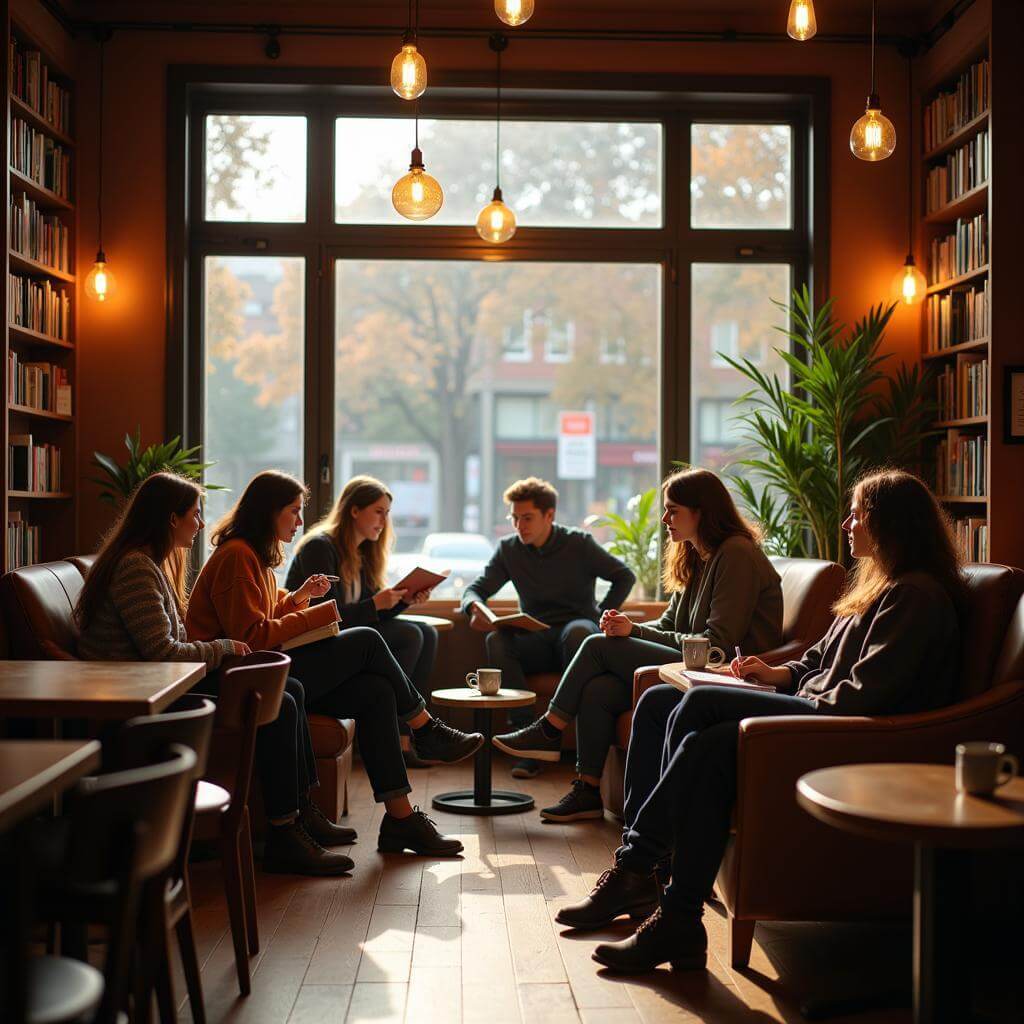 Cozy cafe with friends reading and chatting