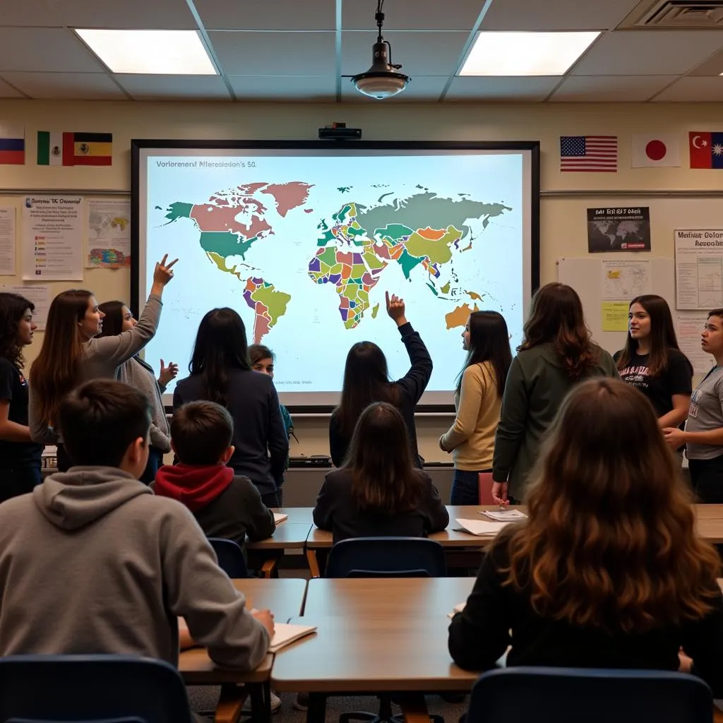 Students discussing global issues in a cross-cultural workshop