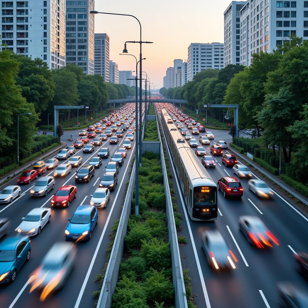 Comparison of crowded roads and efficient public transport