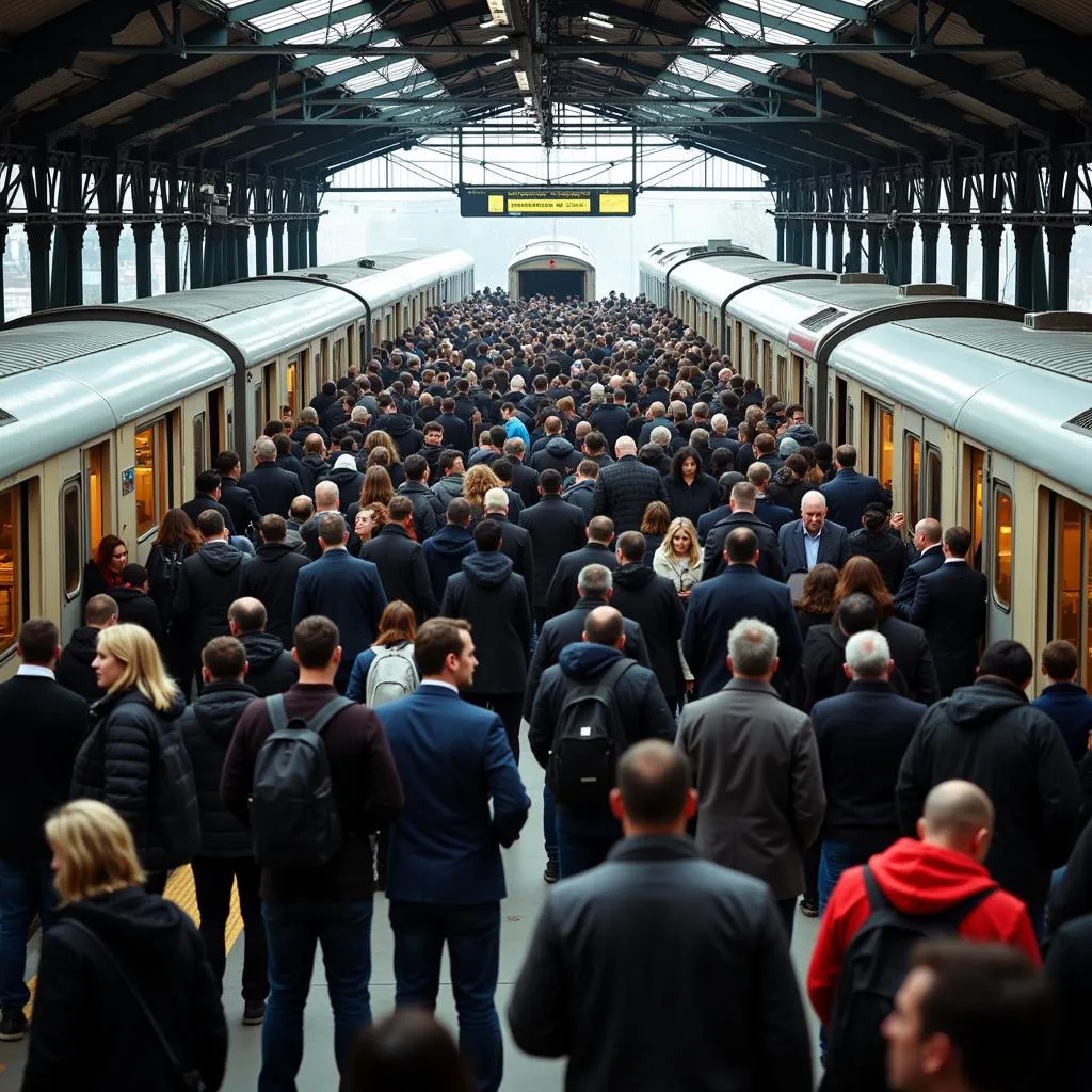 Crowded train station during rush hour