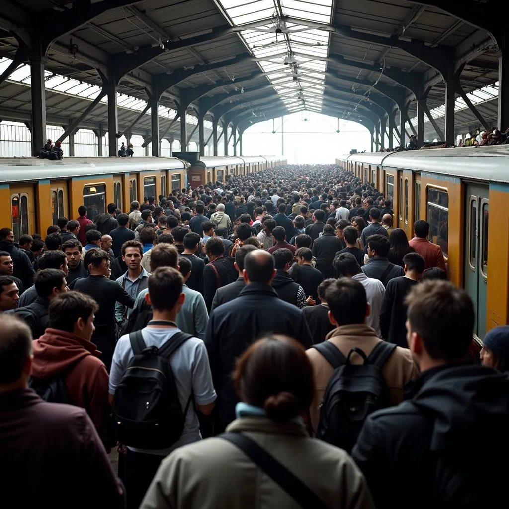 Interior of a crowded train station