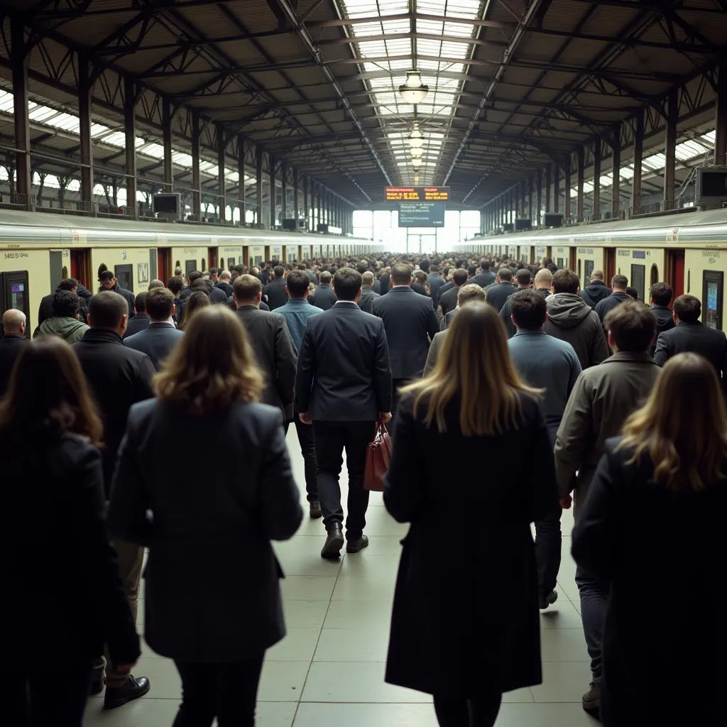 Crowded train station during rush hour