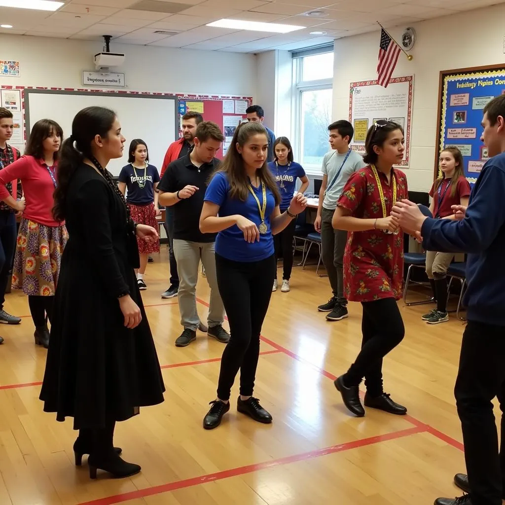 Diverse students learning cultural dance in workshop