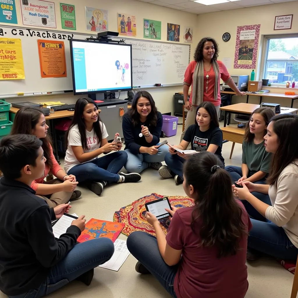 Students discussing cultural dress significance