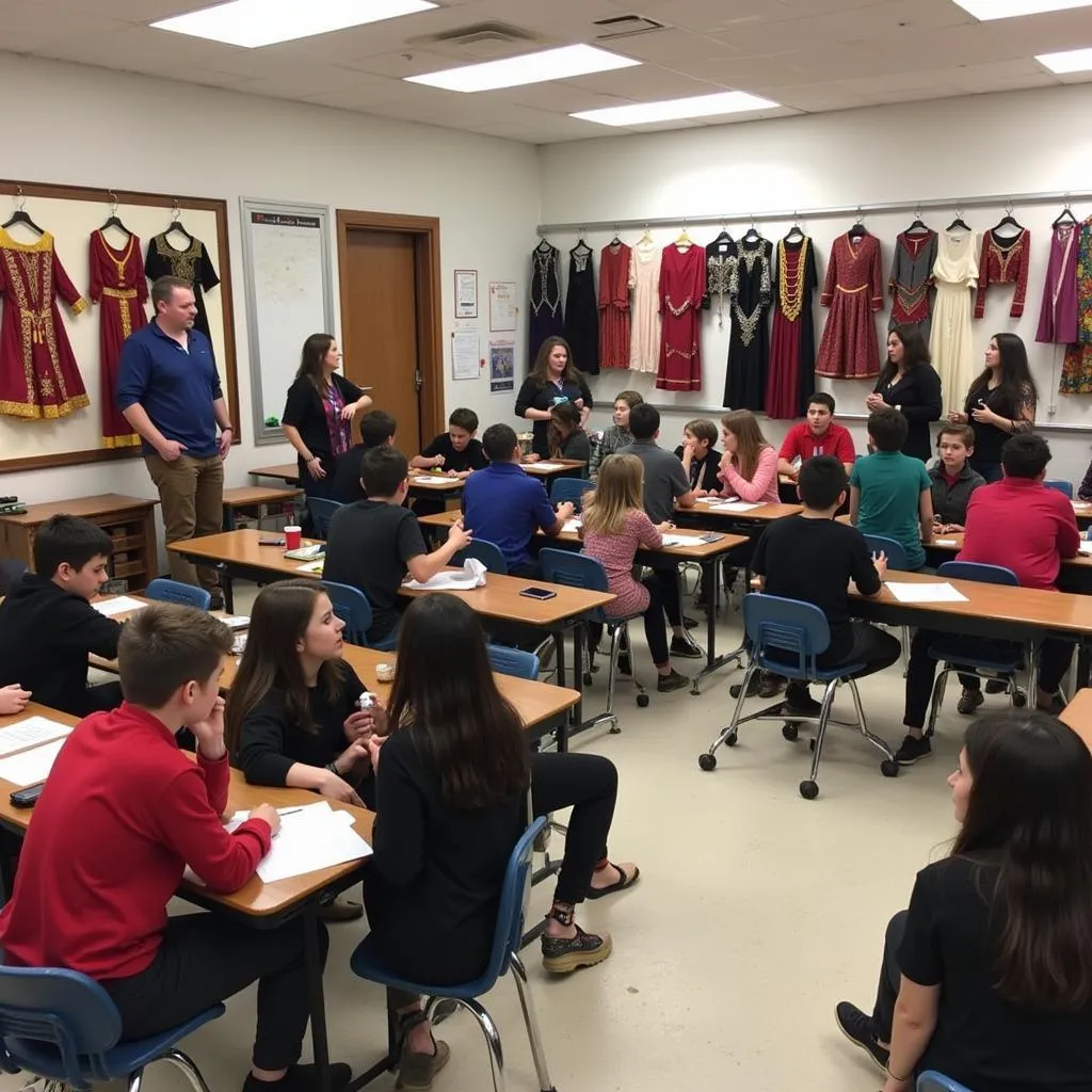 Students learning about cultural dress in workshop