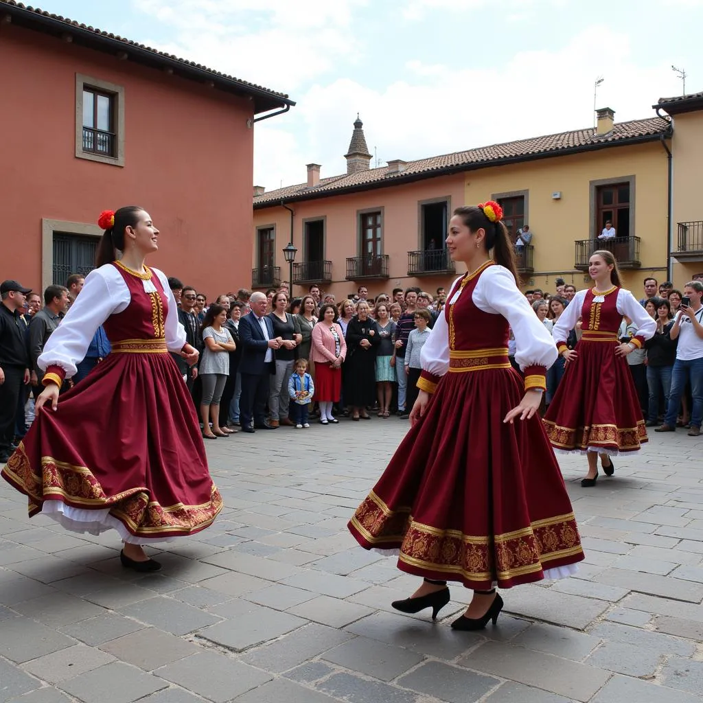 Traditional dancers performing for tourists in a town square.