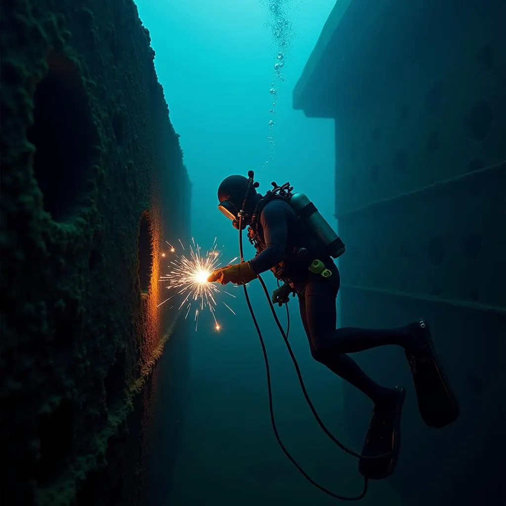 Deep-sea welder working underwater in challenging conditions