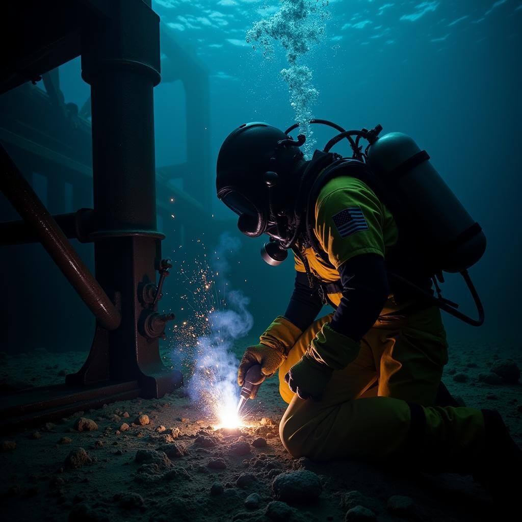 Deep-sea welder performing underwater welding