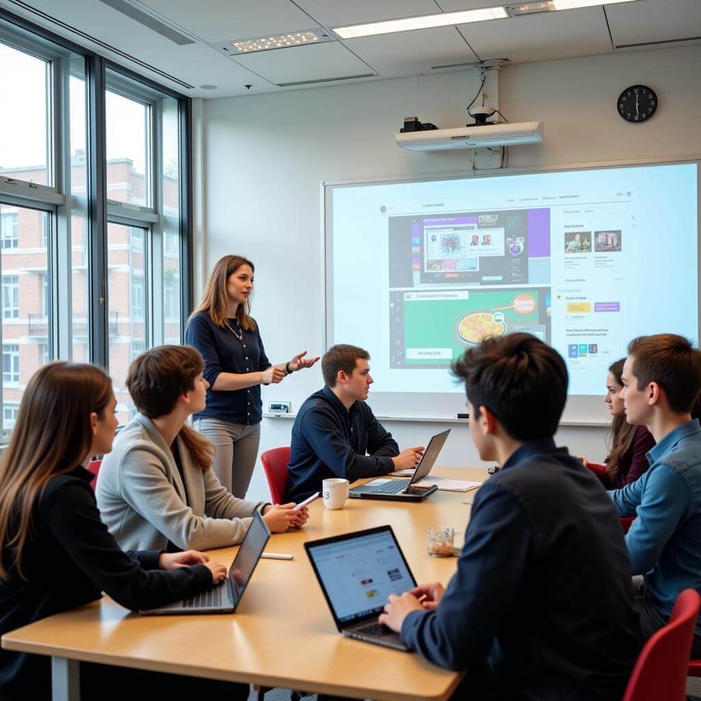 Digital classroom with interactive whiteboard and engaged students