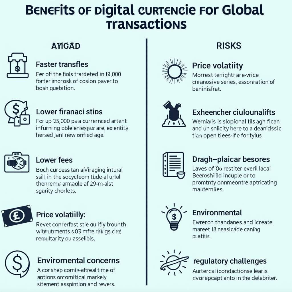 Infographic comparing benefits and risks of digital currencies in global transactions