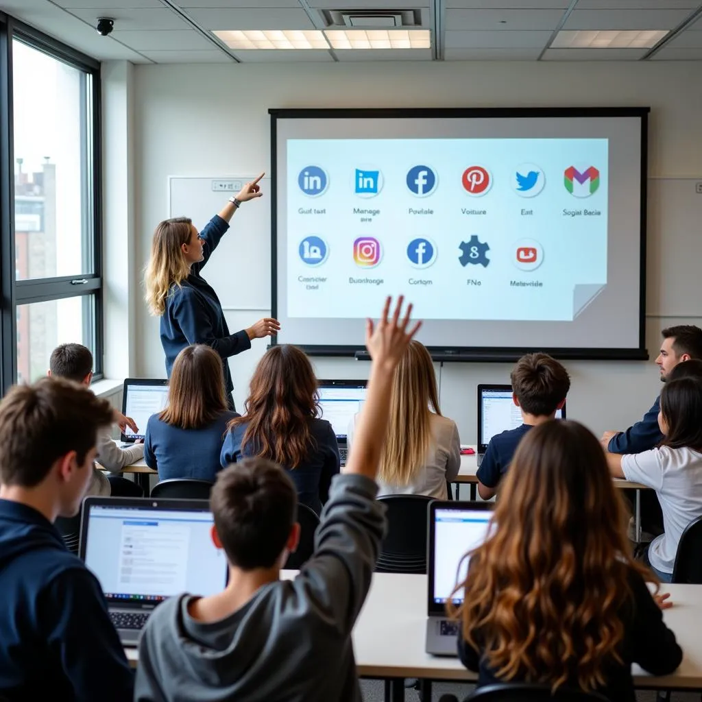 Students learning digital literacy skills in a modern classroom