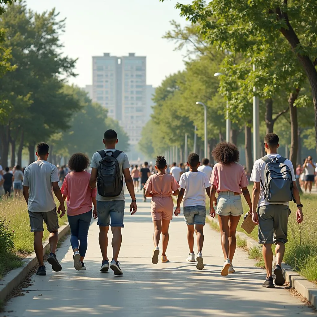 Diverse community enjoying various activities in an urban park