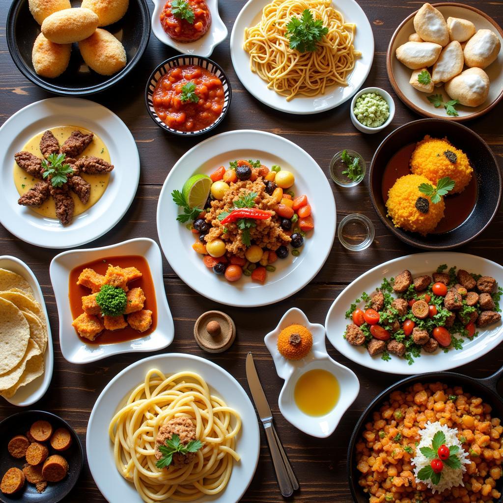 Diverse global cuisines on a table