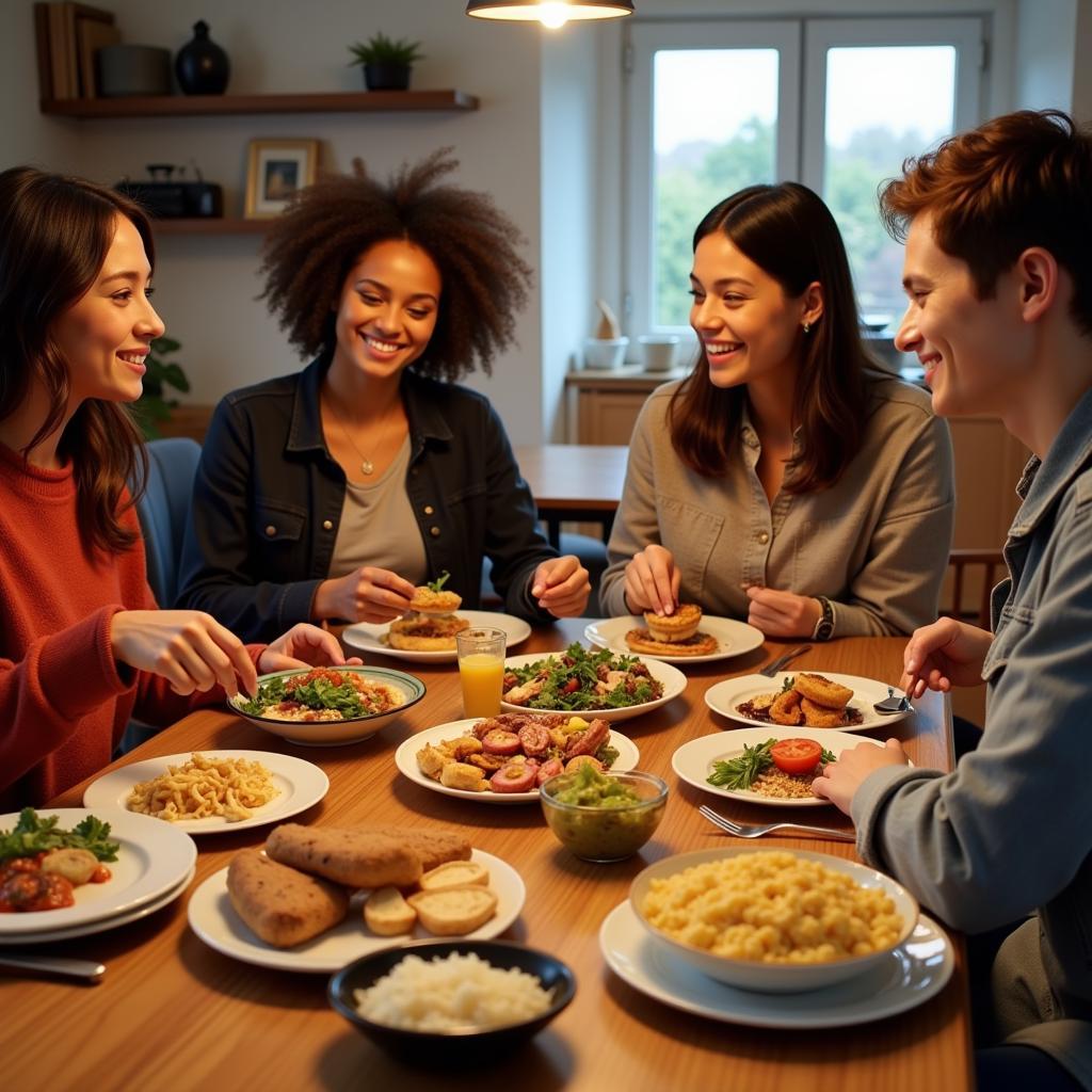 Diverse group of friends enjoying international cuisine