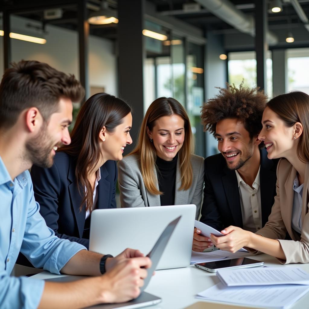 Diverse group of happy workers collaborating