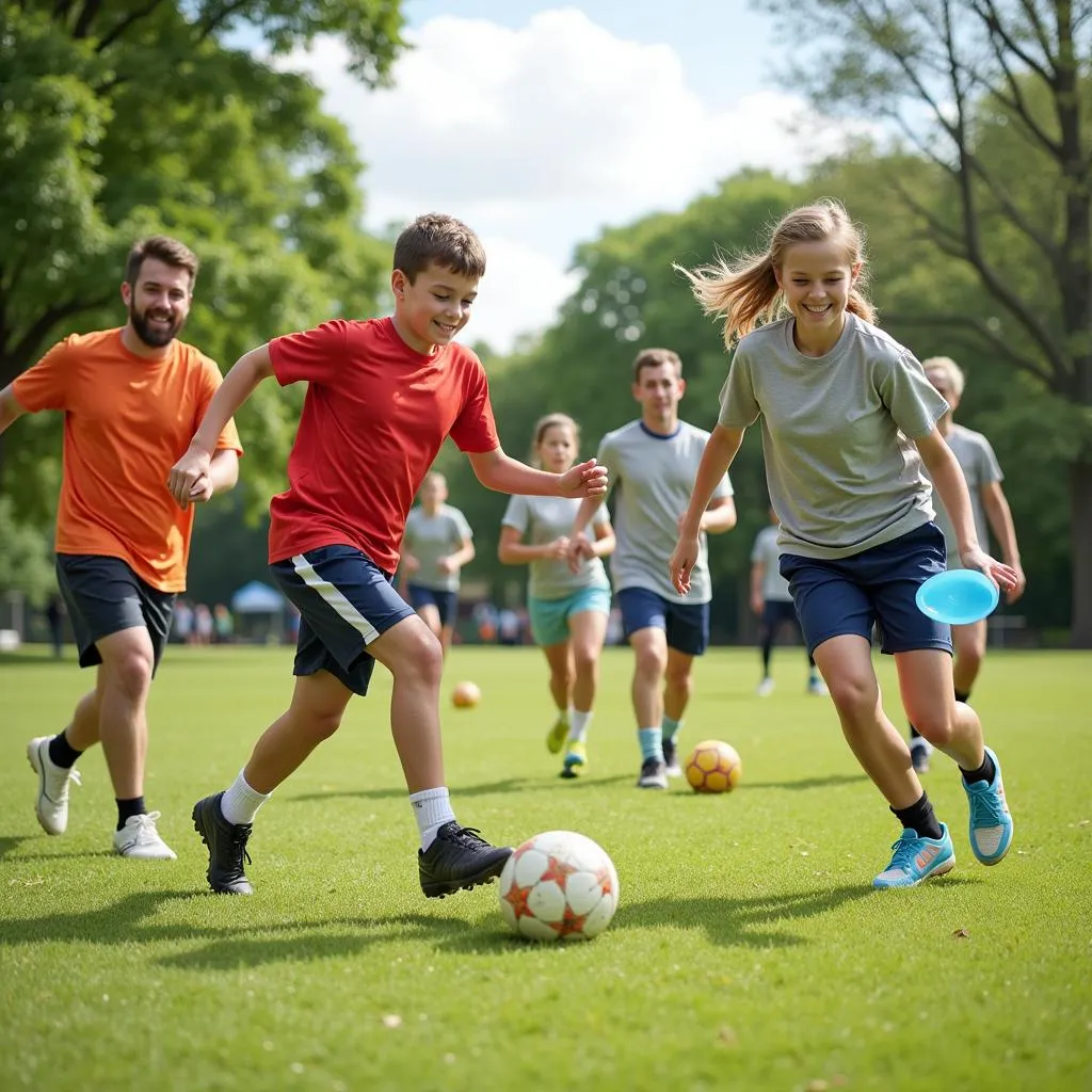 Diverse group playing sports together