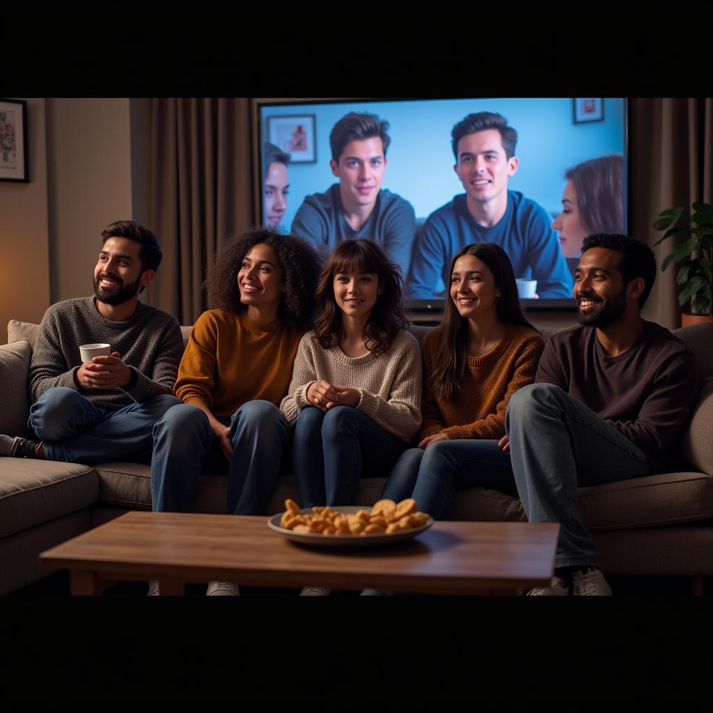 Diverse group watching a movie at home