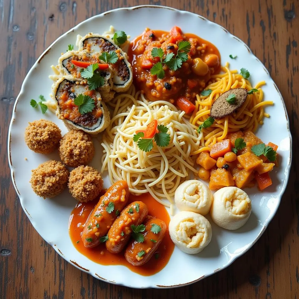 Plate with diverse international dishes